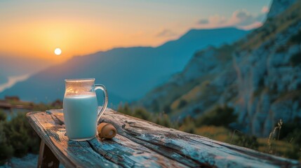 Glass jug filled with fresh milk Placed on a wooden table Against the backdrop of mountains with cliffs perched on top. - obrazy, fototapety, plakaty