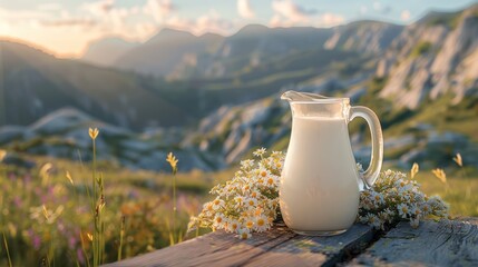 Glass jug filled with fresh milk Placed on a wooden table Against the backdrop of mountains with...