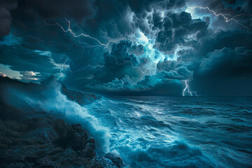Stormy ocean, seascape with thunder and lightning - obrazy, fototapety, plakaty