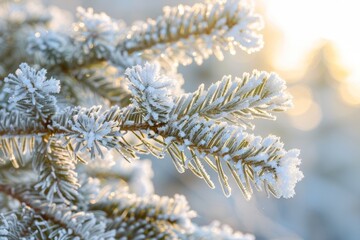 Frost-covered pine branches contrast with the soft morning light.