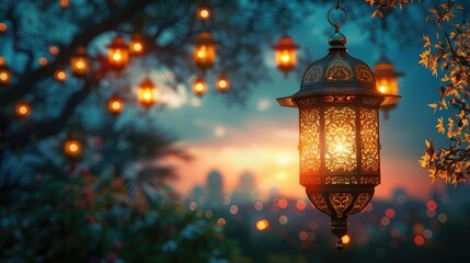 Fototapeta na wymiar Islamic mosque lantern for Eid Ramadan banner poster design