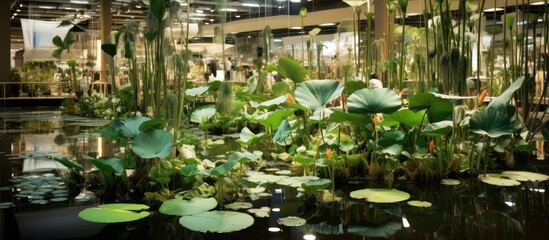 A greenhouse houses a pond teeming with water lilies and plants, creating a natural landscape...