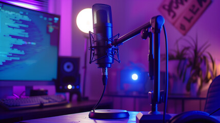 microphone on long arm table stand, modern podcast mic  - obrazy, fototapety, plakaty