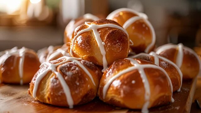 A closeup of freshly baked hot cross buns stacked high and adorned with icing crosses a classic and delicious Easter treat.