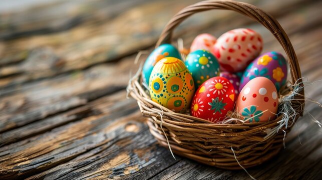 painted easter eggs laying in a basket on a wooden plate. beautiful sunny weather. blurry wallpaper background 16:9