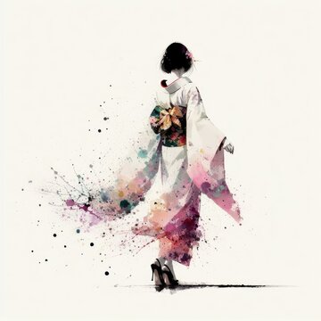 Japanese woman in kimono dress in splash ink painting with Generative AI.