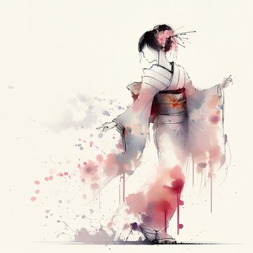 Japanese woman in kimono dress in splash ink painting with Generative AI.