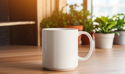 Minimalist table decor: mockup of white ceramic mug