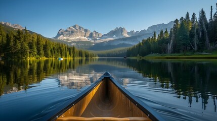 Obraz premium Tranquil Mountain Lake Canoe Adventure at Golden Hour