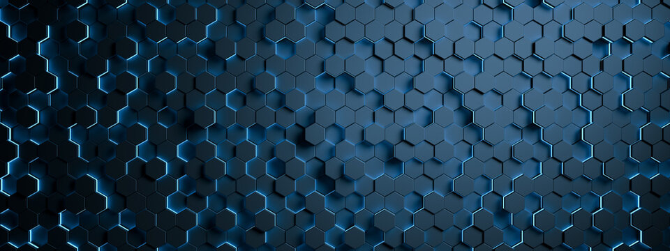 Abstract technology hexagon tiles background. Futuristic technologic style. Technology, big data, science, innovation, nanotechnology. Dark blue 3D hexagons with light, honeycomb banner.