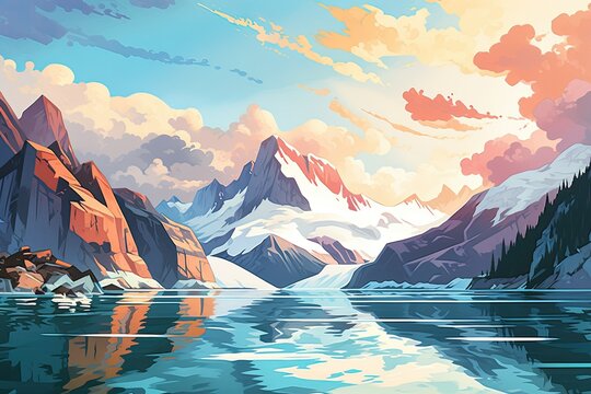 Landscape with Lake and Mountains. Beautiful View Illustration Background of a National Park. Watercolor Painting Digital Art Depicting a Sunny Day with Blue Sky