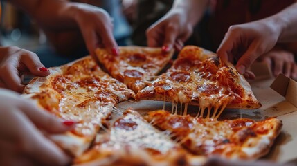 Several students' hands pull apart a slice of pizza in a restaurant. - Powered by Adobe