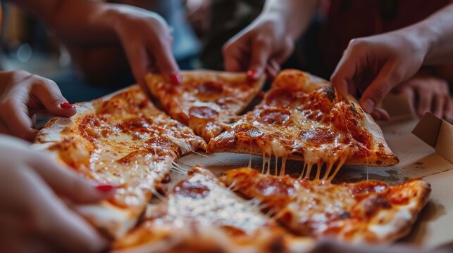 Several students' hands pull apart a slice of pizza in a restaurant.