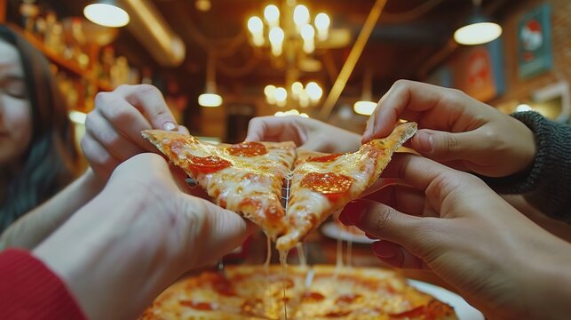 Several students' hands pull apart a slice of pizza in a restaurant.