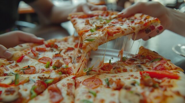 Several students' hands pull apart a slice of pizza in a restaurant.