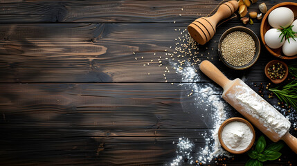 A collection of ingredients for dough and a rolling pin on a dark wooden background.