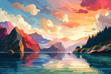 Sunset over the Lake and Mountains. Fjords National Park, Watercolor Painting, Colorful Art, Oil Painting Illustration Depicting a Sunny Day, Panoramic View - obrazy, fototapety, plakaty