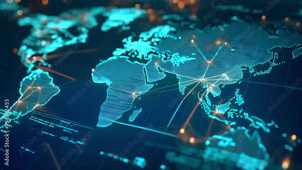 Poster a holographic map of the world with each country represented by fluctuating lines and numbers showca