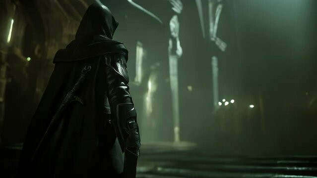 A figure cloaked in darkness stands in a dimly lit area, with scattered lights contributing to a solemn atmosphere.
