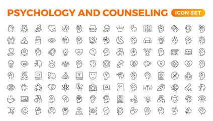 Psychology and mental line icons collection. Big UI icon set in a flat design. Thin outline icons pack.Set of positive thinking icon.be loved, healthy lifestyle, happiness, positive mindset.