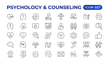 Psychology and mental line icons collection. Big UI icon set in a flat design. Thin outline icons pack.Set of positive thinking icon.be loved, healthy lifestyle, happiness, positive mindset. - obrazy, fototapety, plakaty