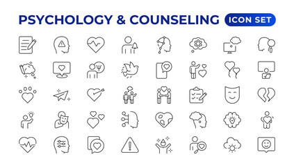 Psychology and mental line icons collection. Big UI icon set in a flat design. Thin outline icons pack.Set of positive thinking icon.be loved, healthy lifestyle, happiness, positive mindset. - obrazy, fototapety, plakaty