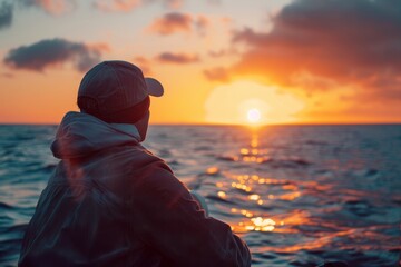 A sailor peacefully enjoying a moment of solitude at sunrise gazing out over the tranquil ocean horizon with a sense of serenity and adventure