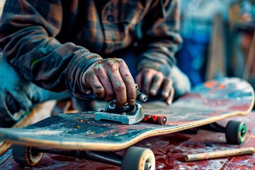 A skateboard repairman fixing a broken skateboard highlighting skateboard repair skills