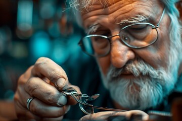 A spectacles repairman fixing a pair of eyeglasses showcasing eyeglass repair skills - obrazy, fototapety, plakaty
