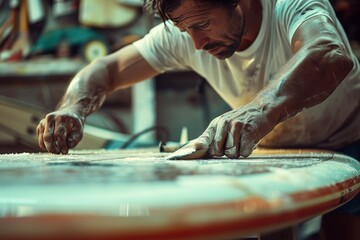 A surfboard repair technician fixing a damaged surfboard fin highlighting surfboard fin repair skills - obrazy, fototapety, plakaty