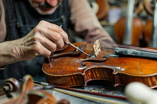 A violin repairman fixing a violin bridge highlighting violin repair skills