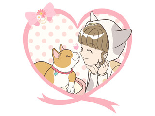 ラブラブな猫と飼い主女性のハートリボンフレーム【文字なし】