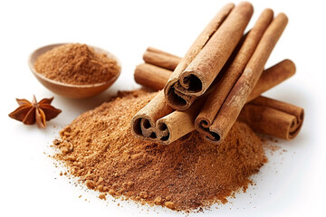 cinnamon sticks isolated on white, Cinnamon sticks and powder, isolated on white background
