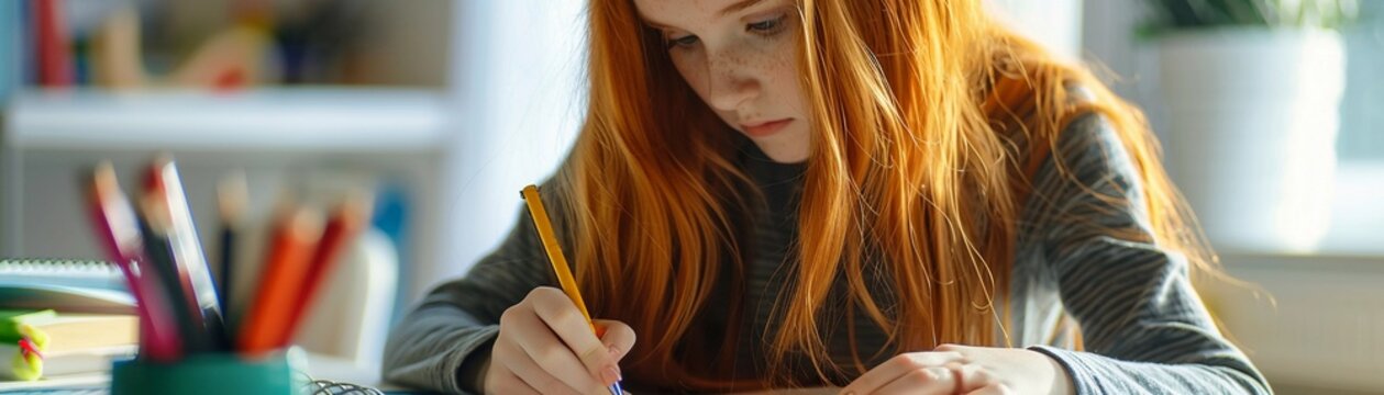 Close-up shot of the red-haired girl as she writes in her book, surrounded by pens, notebooks, and other writing tools on the table, generative AI