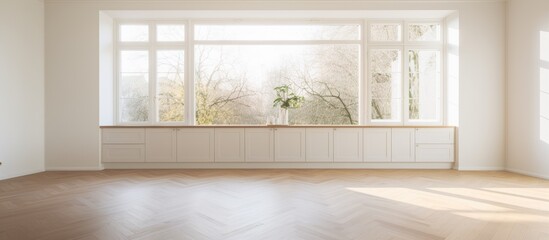 Fototapeta na wymiar Empty white kitchen with wooden parquet floor and windows