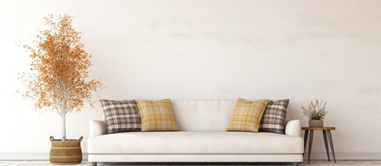 Interior wall mock up with velvet sofa, pillows, plaid and pine branch in vase on empty white background.