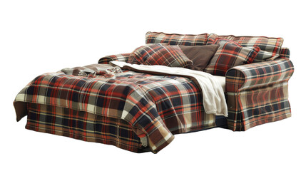 Plaid-Patterned Sleeper Sofa with Hidden Pull-Out, Transparent Background PNG