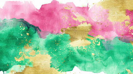 Emerald green, pink and gold abstract watercolor background for graphic design, banner and template. Multicolor watercolor texture