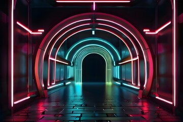 Neon tunnel light corridor. Endless optical illusion portal. Glowing lines virtual reality pathway Generative AI