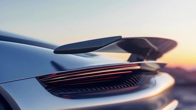 A tight shot of the rear spoiler of a silver sports car with small vortex generators along the edge to disrupt and smooth out airflow for maximum downforce.
