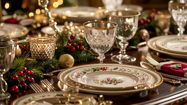 A table set for Christmas dinner with extravagant dishes glittering silverware and a centerpiece of fresh holly and pine branches.