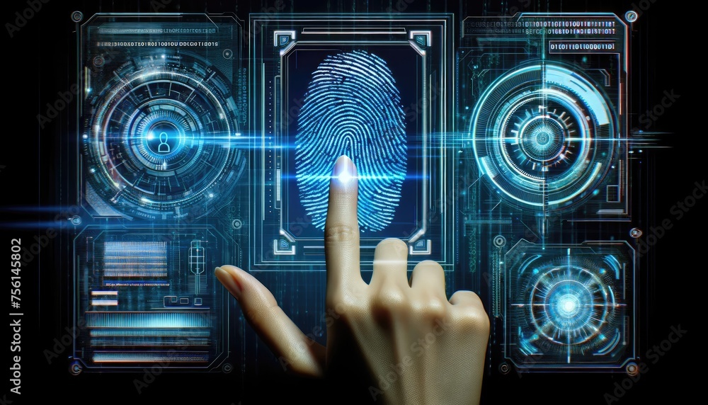 Wall mural User interacts with an advanced biometric fingerprint scanning interface, showcasing futuristic identification technology.