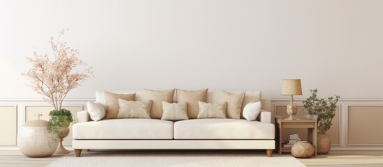 Beige sofa against white wall with decorative trim and artwork in comfortable living room space