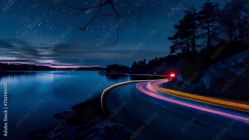 Poster the camera focuses on a swirling pattern of light trails as cars navigate the winding lakeside loop.