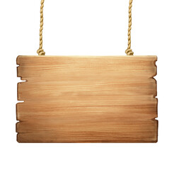 wooden sign isolated on white hanging with ropes