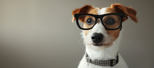 A cute and clever dog wearing a pair of oversized black glasses, posing on a grey background with space for text. The intelligent look adds an endearing touch to the image.