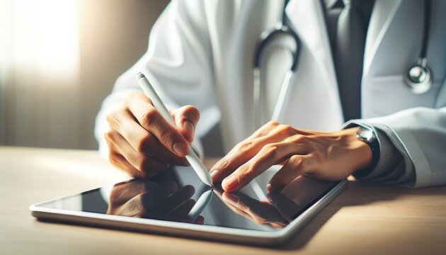 Close up image of a medical professional's hands using a stylus on a digital tablet to update or review patient health records.