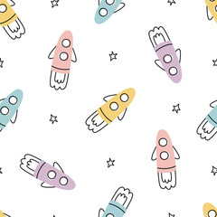 Space adventure for kids Seamless pattern with rockets, planets and stars