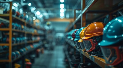 Row of safety helmets and face masks in an industrial setting