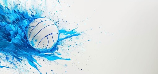 White volley ball with blue splashing in white copy space background